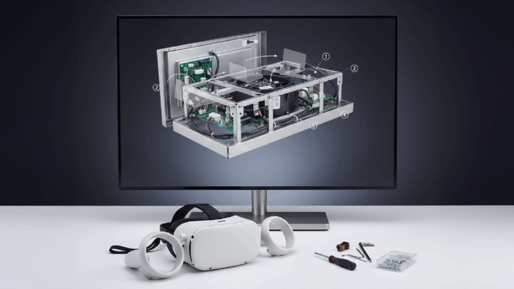 A VR-assisted workstation with a monitor displaying a numbered 3D technical assembly guide for a mechanical component.